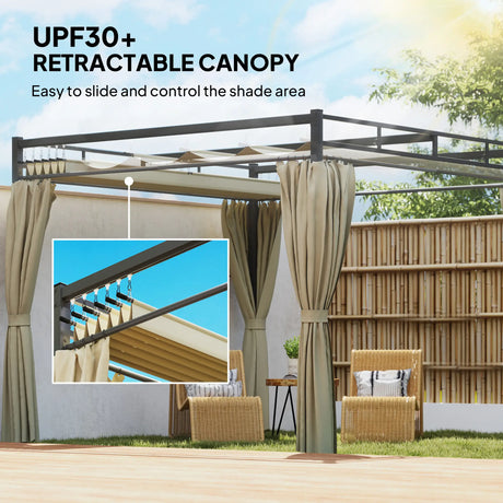 3m x 3m Pergola with Retractable Roof Canopy – UPF30+ Metal Garden Gazebo with Curtains, Outdoor Sun Shade Shelter in Khaki
