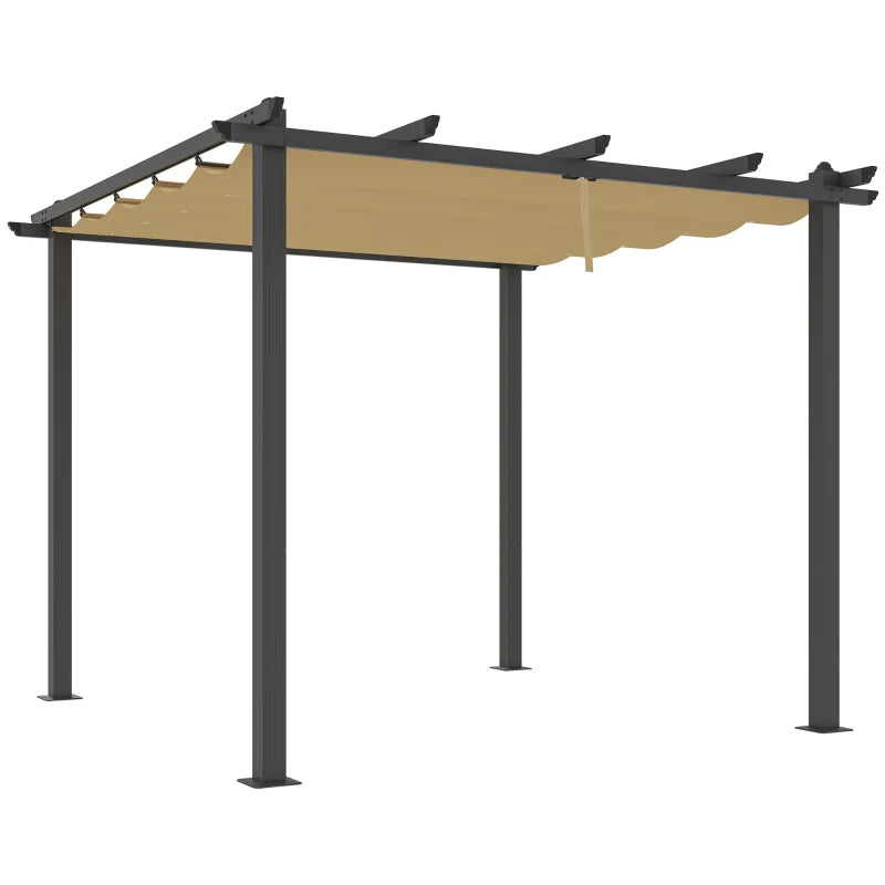 3m x 3m Aluminium Pergola – Khaki Retractable Canopy Roof, Outdoor Patio Shade Shel