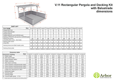 Rectangular Pergola and Decking Kit With Balustrades V.11