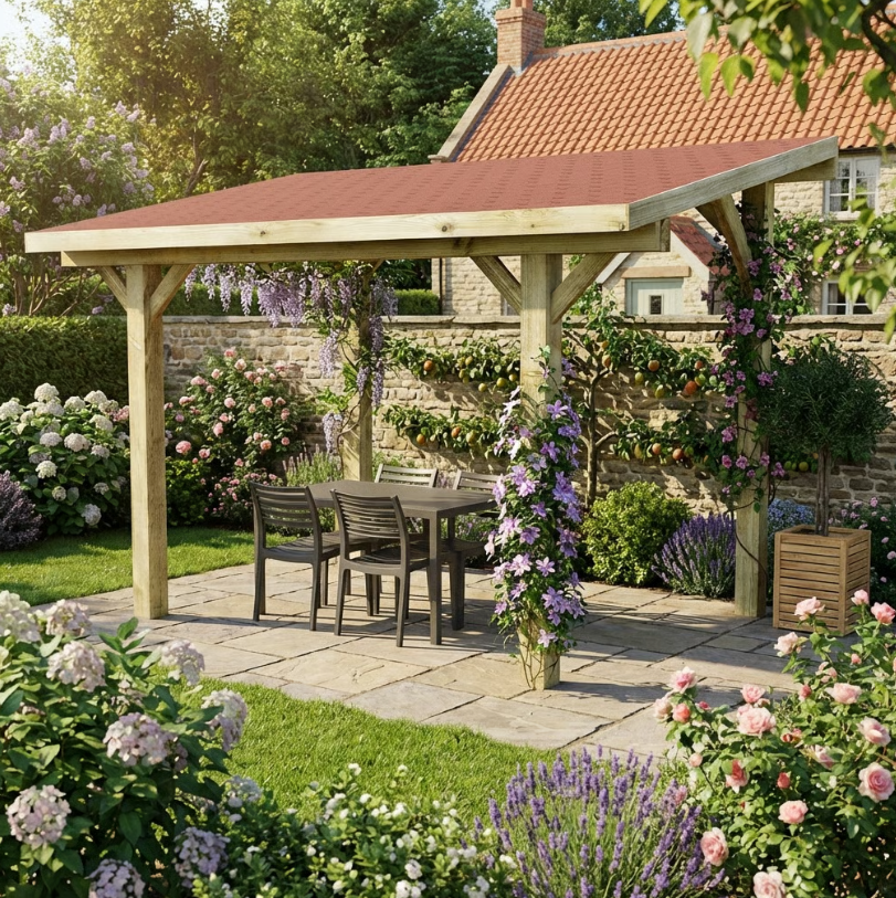 Wooden Lean-To Gazebo with Red Katepal Shingle Roof - Premium Wall-Mounted Garden Gazebo