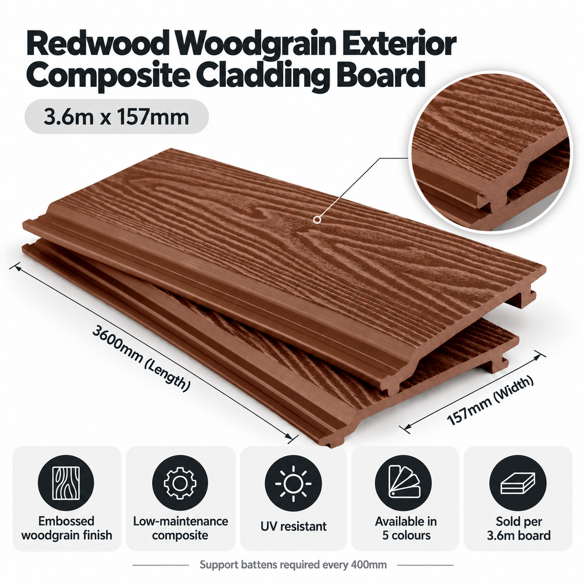 Red Brown Woodgrain Exterior Composite Cladding Board – 3.6m x 157mm
