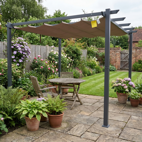 3m x 3m Aluminium Pergola – Brown Retractable Canopy Roof with Pulley System, UV & Water Resistant Garden Shade Shelter with Drainage Grommets