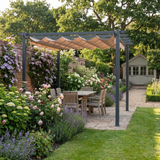 3m x 3m Aluminium Pergola – Brown Retractable Canopy Roof with Pulley System, UV & Water Resistant Garden Shade Shelter with Drainage Grommets