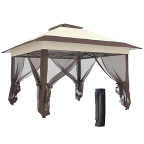 3.6m x 3.6m Khaki Pop Up Gazebo with Netting - Height Adjustable Instant Canopy Party Tent