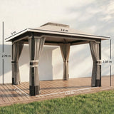 3 x 3.6m Ventilated Double Roof Garden Gazebo with Curtains & Mesh Netting, Heavy Duty Metal Frame Outdoor Patio Pavilion, Khaki