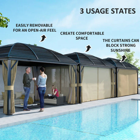 3 x 4m Hardtop Gazebo Canopy - Brown Aluminium Pavilion with Metal Roof, Netting & Curtains