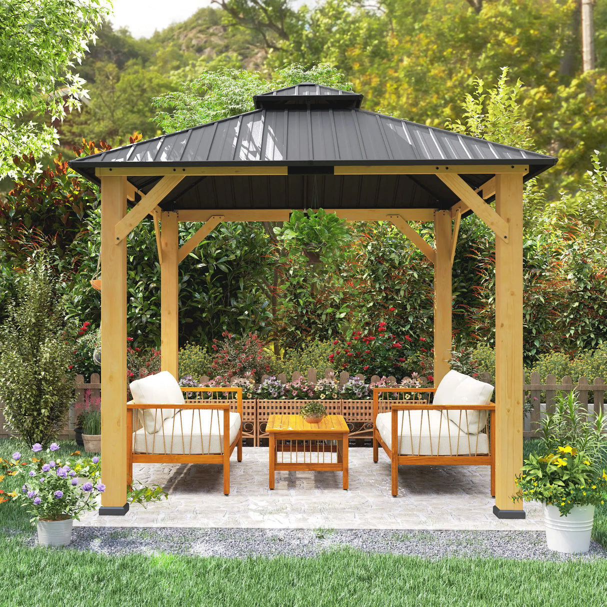 Grey 3m x 3m Hardtop Gazebo Canopy with 2-Tier Roof and Solid Wood Frame