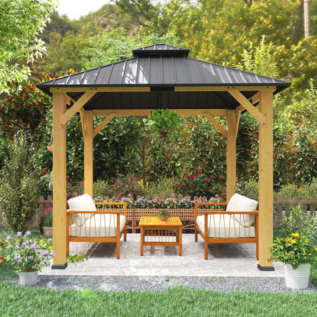 Grey 3m x 3m Hardtop Gazebo Canopy with 2-Tier Roof and Solid Wood Frame