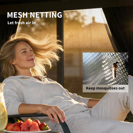 4.3m x 3m Lean-To Pergola with Galvanised Steel Roof – Wall-Mounted Garden Gazebo with Netting & Curtains, Heavy-Duty Outdoor Canopy in Dark Grey