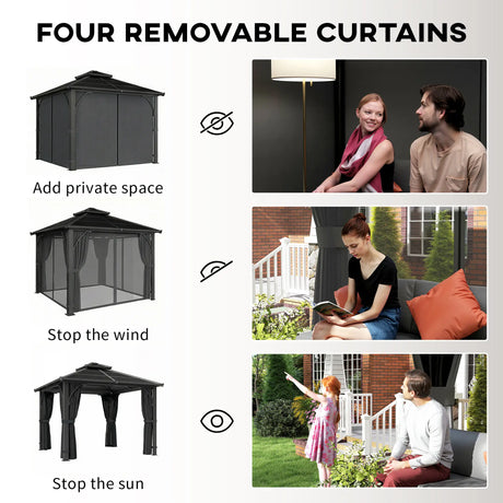 2.5m x 2.5m Hardtop Gazebo with 7mm Polycarbonate Roof – Permanent Garden Pavilion with Curtains & Mosquito Netting, Weatherproof Outdoor Canopy in Dark Grey