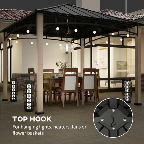 3m x 3m Metal Gazebo – Black Frame with Wood Effect Finish, Outdoor Patio Garden Shelter