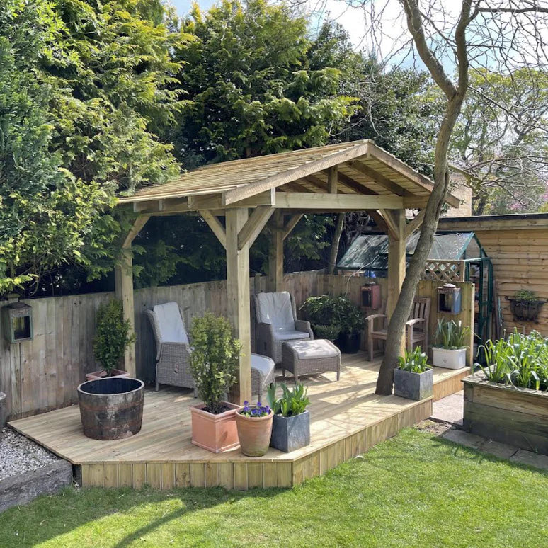Wooden Apex Gazebo with Cedar Featheredge Roof – With Overhang Design