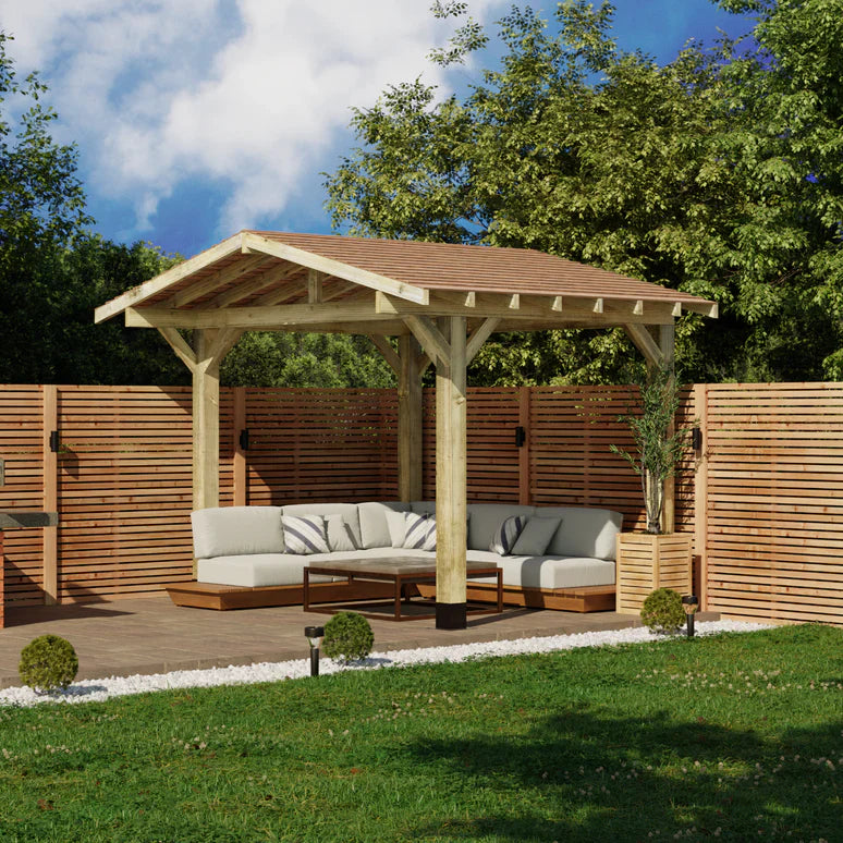 Wooden Apex Gazebo with Cedar Featheredge Roof – With Overhang Design