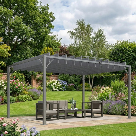 4m x 3m Aluminium Pergola – Grey Retractable Roof Patio Gazebo Canopy, Outdoor Garden Shade Shelter