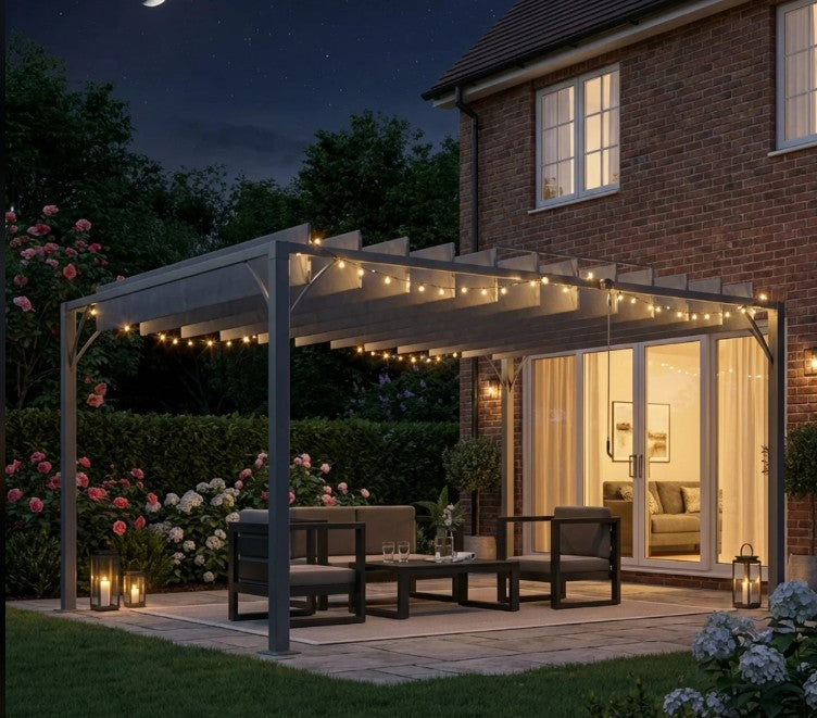 4m x 3m Aluminium Pergola – Grey Retractable Roof Patio Gazebo Canopy, Outdoor Garden Shade Shelter