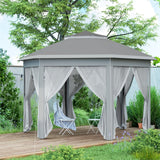 3x4m Dark Grey Hexagon Garden Gazebo - Pop Up Party Tent Canopy with Double Roof, Netting & Carry Bag for Outdoor Patio