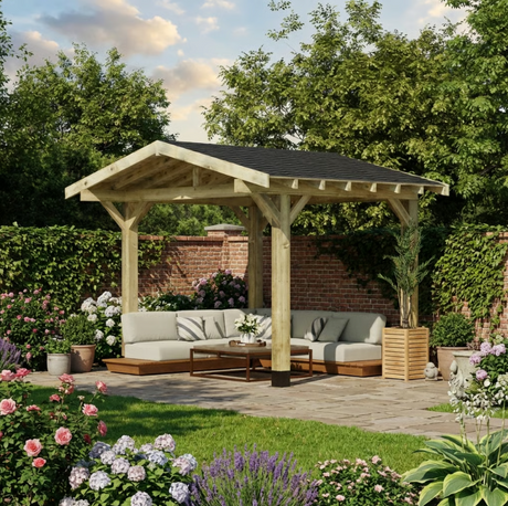 Wooden Apex Gazebo with Katepal Black Shingle Roof & Overhang - Premium Weatherproof Garden Gazebo