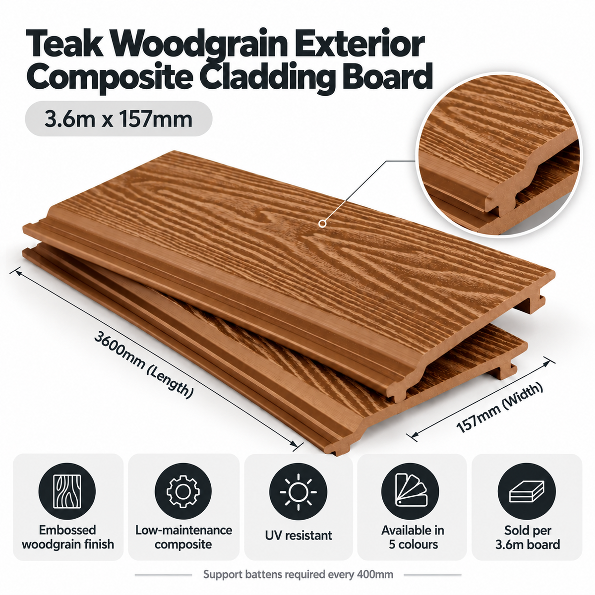 Teak Woodgrain Composite Wall Cladding Board – 3.6m x 157mm