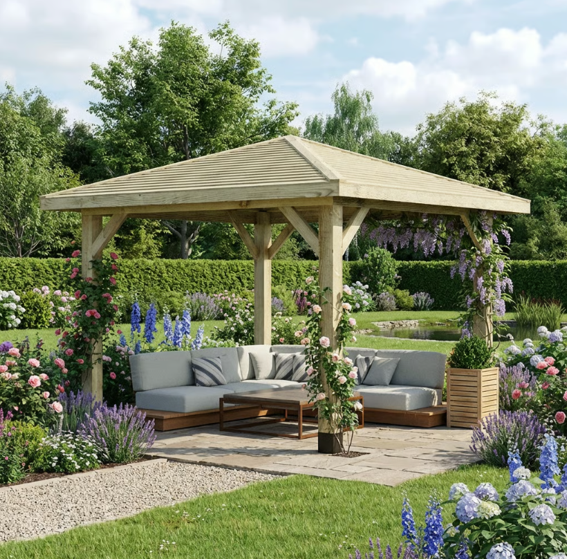Wooden 4 Pitch Gazebo with Featheredge Roof - Pressure-Treated Garden Gazebo Structure