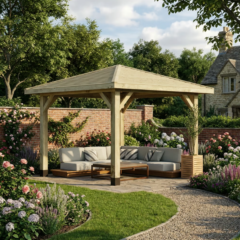 Wooden 4 Pitch Gazebo with Featheredge Roof - Pressure-Treated Garden Gazebo Structure