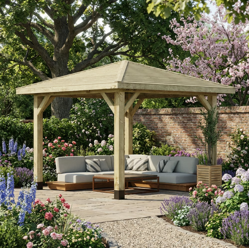 Wooden 4 Pitch Gazebo with Featheredge Roof - Pressure-Treated Garden Gazebo Structure