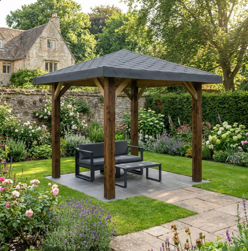 Wooden 4 Pitch Gazebo with Katepal Grey Shingle Roof - Premium Weatherproof Garden Gazebo