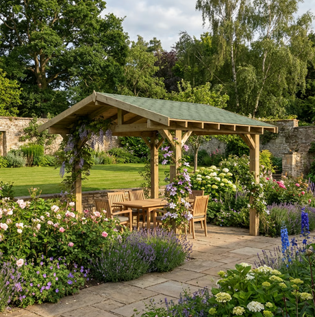 Wooden Gazebo - Katepal Green Shingle Roof - Apex Design - No Overhang