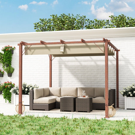 3m x 3m Retractable Roof Pergola – Natural Wood Effect Finish, Outdoor Garden Shade Canopy Shelter