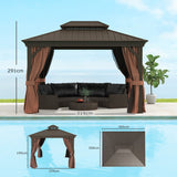 3m x 3.7m Dark Brown Outdoor Hardtop Gazebo Canopy with Aluminium Frame, 2-Tier Roof & Mesh Netting Sidewalls for Patio
