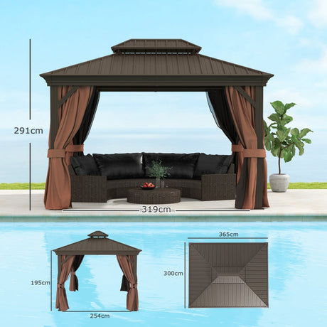 3m x 3.7m Dark Brown Outdoor Hardtop Gazebo Canopy with Aluminium Frame, 2-Tier Roof & Mesh Netting Sidewalls for Patio