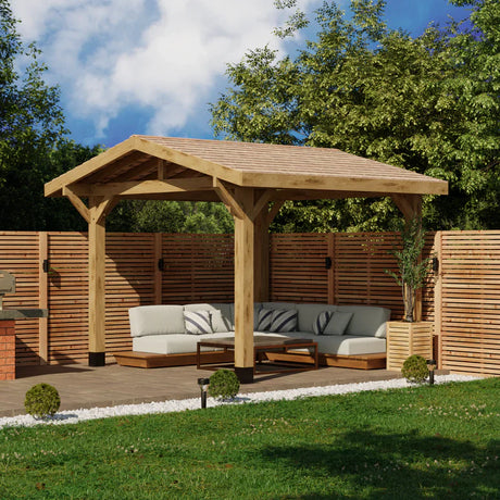Oak Wooden Gazebo - Cedar Shingle Roof - Apex Design - With Overhang