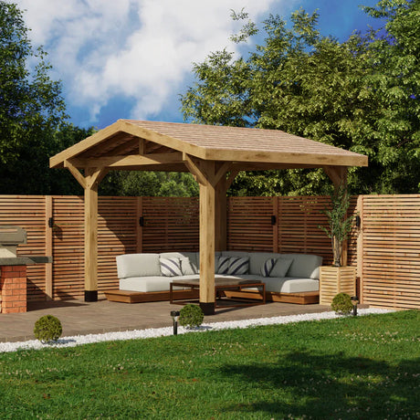 Oak Wooden Gazebo - Cedar Featheredge Roof - Apex Design - With Overhang