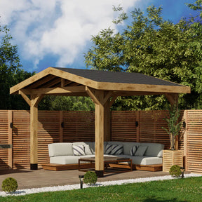 Oak Apex Gazebo with Katepal Black Shingle Roof and Overhang