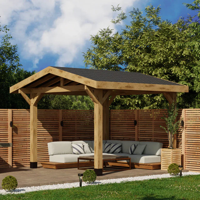 Oak Apex Gazebo with Katepal Black Shingle Roof and Overhang
