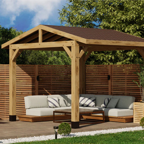 Oak Wooden Gazebo - Katepal Brown Shingle Roof - Apex Design - No Overhang