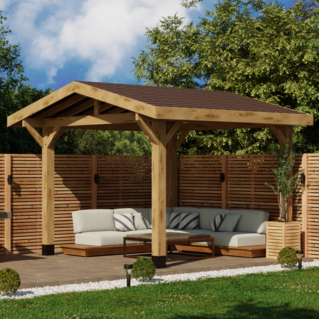 Oak Apex Gazebo with Katepal Brown Shingle Roof and Overhang