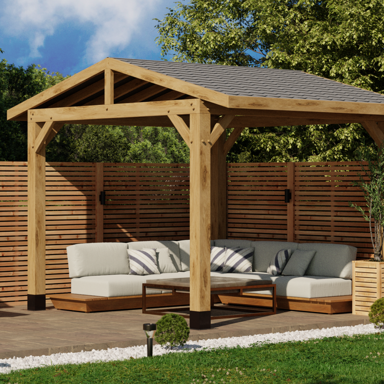 Oak Wooden Gazebo - Katepal Grey Shingle Roof - Apex Design - With Ove ...