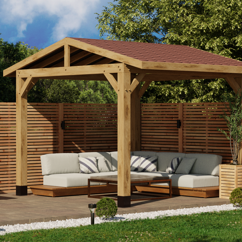 Oak Apex Gazebo with Katepal Red Shingle Roof – No Overhang Design