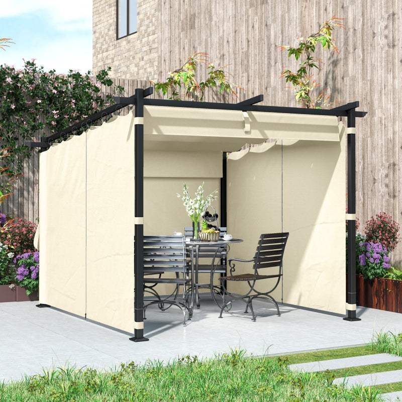 3m x 3m Retractable Roof Pergola – Beige Canopy with Curtains, Outdoor Patio Shade Shelter