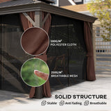 3m x 3.7m Dark Brown Outdoor Hardtop Gazebo Canopy with Aluminium Frame, 2-Tier Roof & Mesh Netting Sidewalls for Patio