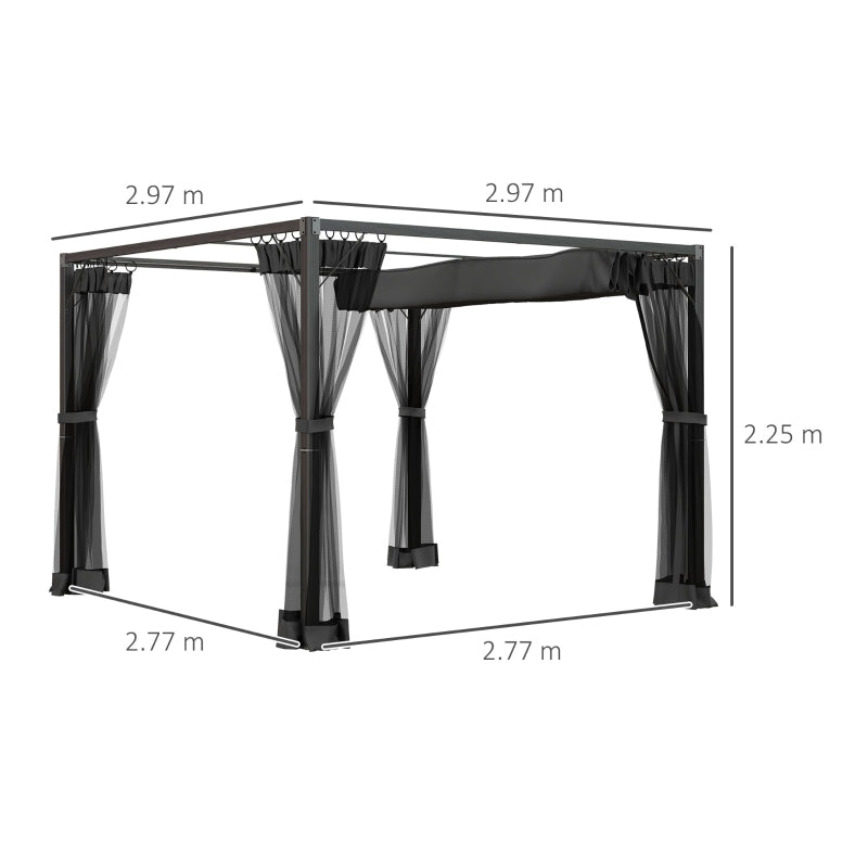 3m x 3m Aluminium Pergola – Dark Grey Retractable Canopy Roof with Mesh Curtains, Outdoor Patio Garden Shelter + Ground Fixings