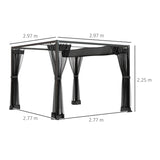3m x 3m Aluminium Pergola – Dark Grey Retractable Canopy Roof with Mesh Curtains, Outdoor Patio Garden Shelter + Ground Fixings
