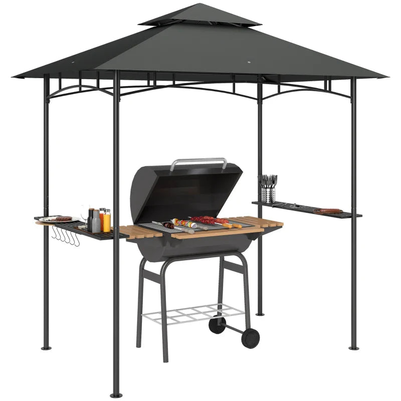 8' x 5' Dark Grey Double Tiered BBQ Grill Gazebo Canopy with LED Lights, 2 Side Shelves and Hooks