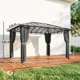 3m x 4m Hardtop Gazebo with 6 mm Polycarbonate Roof, Aluminium Permanent Garden Pavilion with Curtains, Dark Grey Outdoor Patio Canopy for Sun, Rain & Privacy