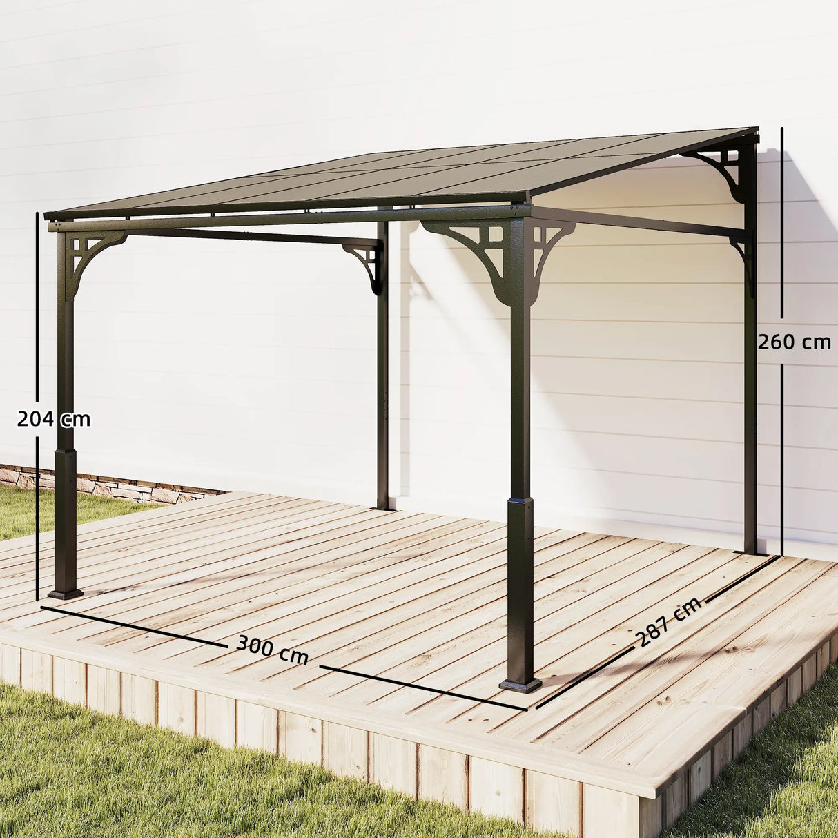 3m x 2.87m Lean-To Pergola with Polycarbonate Roof – Wall-Mounted Hardtop Garden Canopy, Durable Aluminium & Metal Frame Outdoor Patio Cover