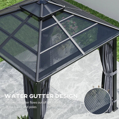 Dark Grey 3m x 3m Hardtop Gazebo - 7mm Double Polycarbonate Roof, Permanent Pavilion with Mosquito Netting and Curtains for Patio and Deck