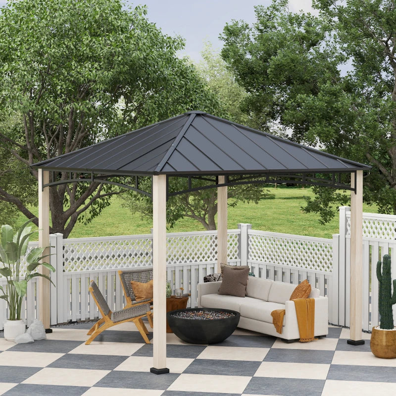 3m x 3m Metal Gazebo – Black Frame with Wood Effect Finish, Outdoor Patio Garden Shelter