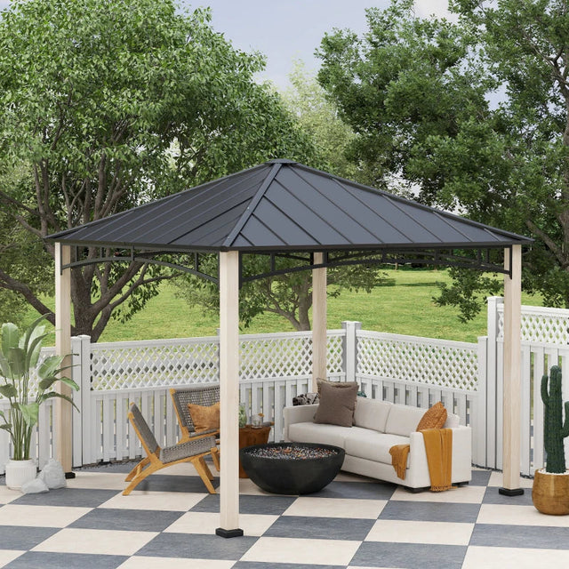 3m x 3m Metal Gazebo – Black Frame with Wood Effect Finish, Outdoor Patio Garden Shelter