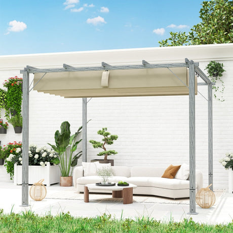 3m x 3m Retractable Roof Pergola – Grey Outdoor Shade Canopy Roof, Patio Garden Shelter