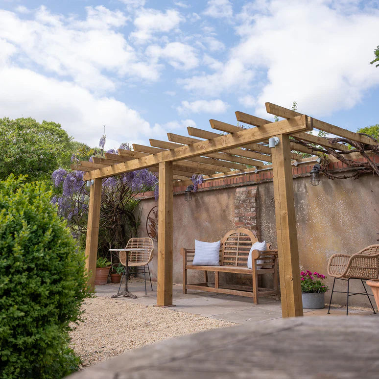 Wooden Lean-To Pergola with Open Slat Roof - Outdoor Garden Pergola Structure